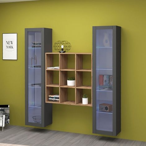 Meuble mural de salon Vila RT avec deux vitrines en bois anthracite (1/5)
