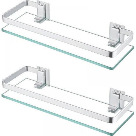Etagere Salle De Bain - Verre Trempe 10 Mm - Rail Aluminium Anodise - Montage Sur Miroir Ou Carrelage - 38.5 Cm - 2 Pieces (1/5)