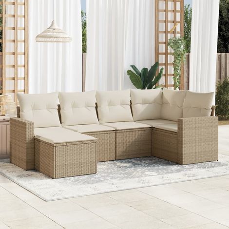 6-tlg. Garten-Sofagarnitur mit Kissen Beige Poly Rattan (1/3)