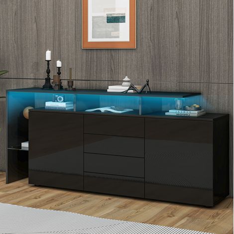 Aparador 160/35/70 cm negro brillante con LED, 2 puertas, 4 cajones y gran almacenaje (1/5)