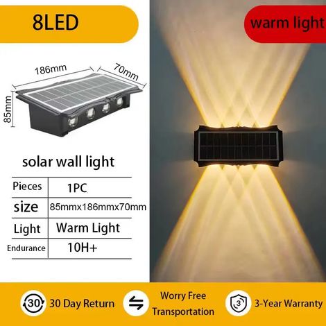 (1 lampe solaire murale extérieure à lumière chaude, 8 LED, étanche, éclairage vers le haut et vers le bas, pour balcon, cour ou jardin). Décoration murale extérieure. (1/5)