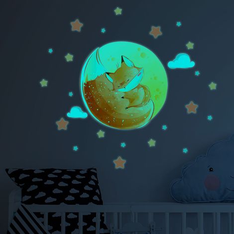 Sticker phosphorescent lumineux - RENARD RÊVEUR + 50 ÉTOILES - Autocollant mural plafond enfant fluorescent - 90x120cm (1/5)