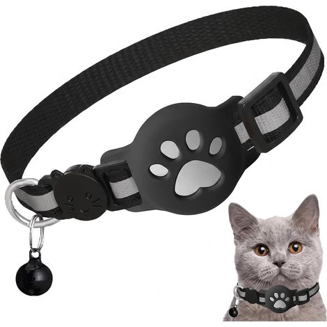 1 Pièce Collier Chat avec Support Compatible avec Air Tag, Collier GPS Réfléchissant Élastique, Noir, Anti-Étranglement Réglable (1/5)