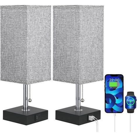 Lot de 2 lampes de chevet, 3 modes de couleur, avec ports de charge USB-A+C, interrupteur à tirette pour ampoule LED, lampe de table pour chambre, salon, bureau, chambre d'enfant, hôtel [Classe énergé