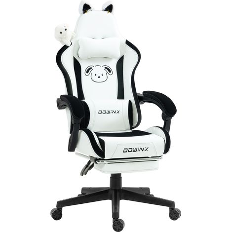 Dowinx Gaming Stuhl "Niedlicher Hund", Ergonomisches Büro, Hohe Rückenlehne, Lendenstütze, PU-Leder, Fußstütze, Weiß