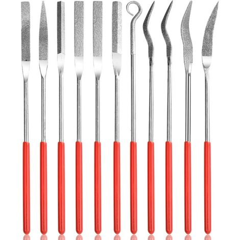 10 Pcs Mini Diamond Needle Files 3 x 140mm Small Metal Fluted File for Jewelry Glass Wood Stone Diamond Files with Plastic Handles Diamond File Set (1/5)