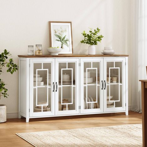 Credenza cucina 160x40x86 cm con ante in vetro, vano capiente, piano effetto legno, MDF bianco (1/5)