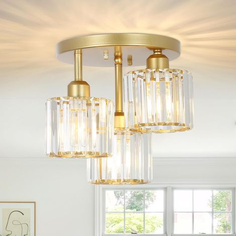 Lustre en cristal, plafonnier triple flamme avec abat-jour en verre, plafonnier moderne pour salon, chambre, cuisine, couloir, salle de bain, or mat [Classe énergétique D]
