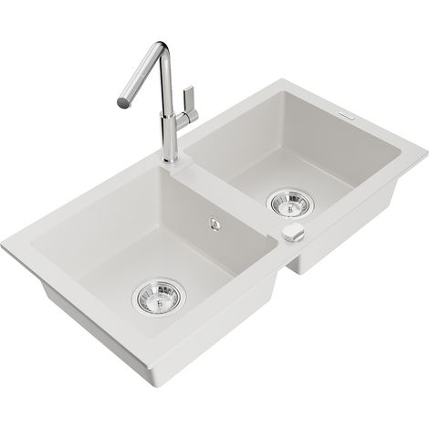 Mexen Mario lavello in granito a 2 vasche con miscelatore da cucina Flora, bianco - 6504-20-670401-00 (1/5)
