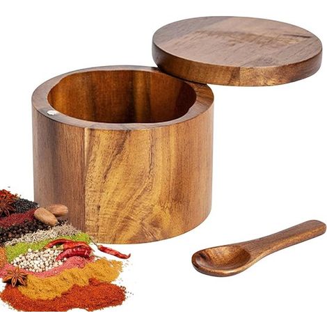 Scatola porta spezie in legno con coperchio e cucchiaino per sale, erbe aromatiche e spezie. (1/5)