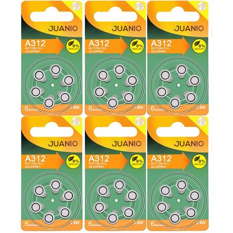 Lot de 36 Piles bouton Zinc Air Type A312/312 1,45V compatibles PR41 pour appareils auditifs - Juanio - (1/2)