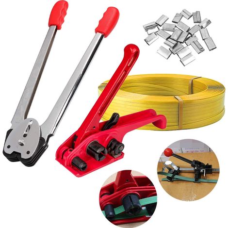 Set di reggiatura manuale con dispositivo di tenuta 100 m, 50 clip per tenditori, confezione in plastica PP, PET (1/5)