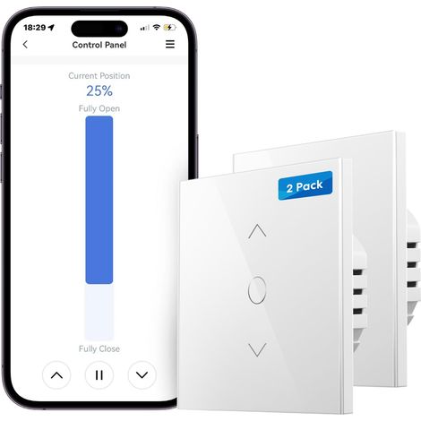Interrupteur Volet Roulant Connecté (FIL NEUTRE REQUIS), Lot de 2 Interrupteur de Rideau Compatible avec et Google Home, Contrôle de Pourcentage, Commande Vocale et Contrôle à Distance (1/5)