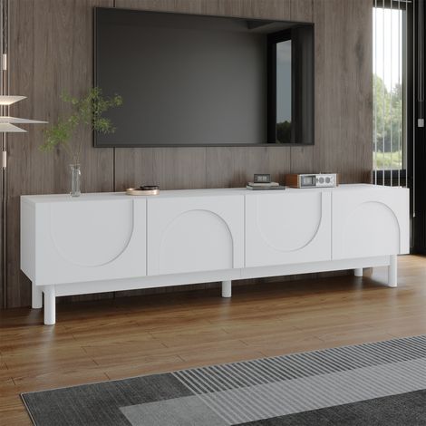 Meuble TV bas blanc avec étagères, portes ondulées et pieds stabilisateurs, 169 x 34 x 45,5 cm (1/5)