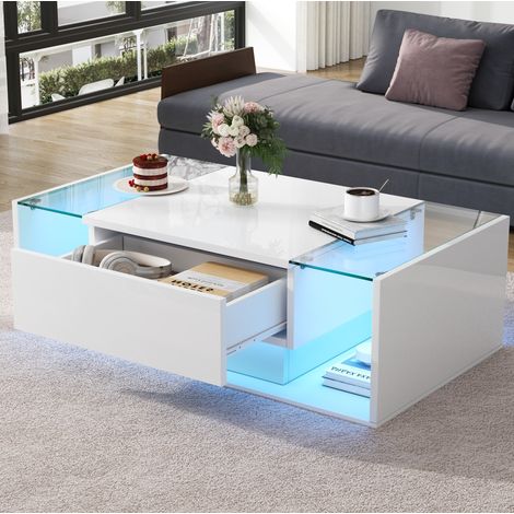 tavolo soggiorno 100x50x31 cm LED vetro lucido bianco OKMYHOME (1/5)