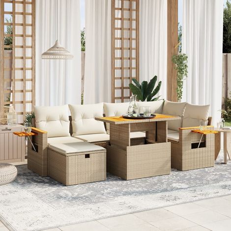 Set sofás de jardín 7 piezas y cojines ratán sintético beige vidaXL (1/4)