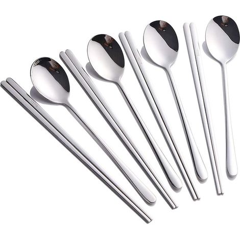 Ensemble de 4 cuillères et baguettes, service de table coréen en acier inoxydable (8 pièces argentées) (1/5)