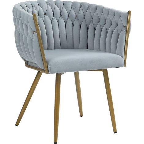 Poltrona Con Schienale In Velluto Intrecciato Design Moderno, Sedia Imbottita Circolare con Gambe in Metallo Placcato Oro Poltroncina Sala Pranzo Camera Salotto Cucina con Seduta Morbida Grigio (1/5)