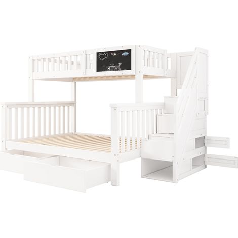 Cama litera infantil multifunción blanca con pizarra y almacenaje 90 x 200 + 140 x 200 (1/5)