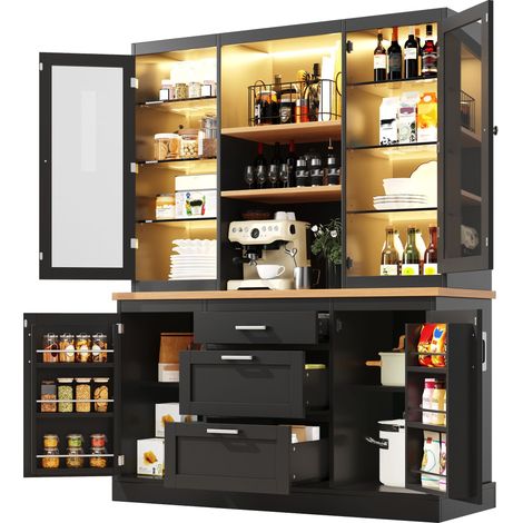Buffet de Cuisine avec 3 Tiroirs, Étagères Réglables et LED RGB, en MDF, Noir, 140×40×185 cm (1/5)