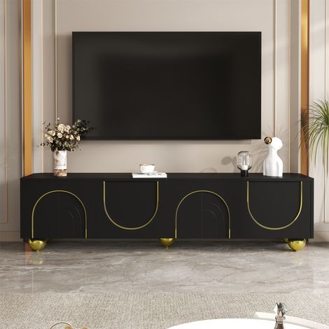 Meuble TV 170 cm avec 4 Portes à Motifs Arches Dorées, Système Push-to-Open, 5 Pieds Sphériques Dorés, Grand Meuble TV Bas de Salon Luxe Contemporain - Noir (1/5)
