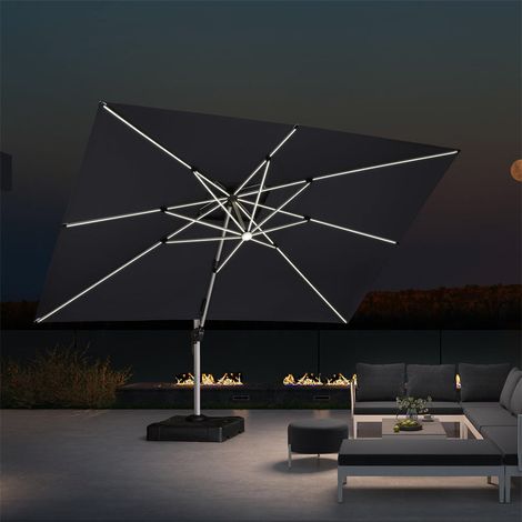 PURPLE LEAF parasol déporté Rectangulaire 3,65 × 2,7 m, rotation 360°, double toit ventilé, panneau solaire intégré, 8 baleines LED en aluminium, pour jardin, cour et piscine, Gris