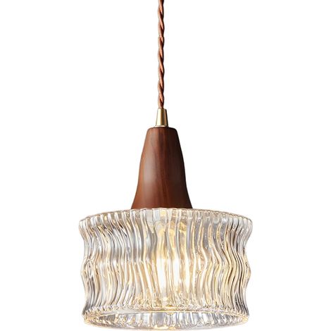 Suspension Vintage Verre Ø17cm Bois Noyer, Lampe Suspendue E27 Hauteur Réglable Plafond Loft Salle à Manger Chambre Cuisine