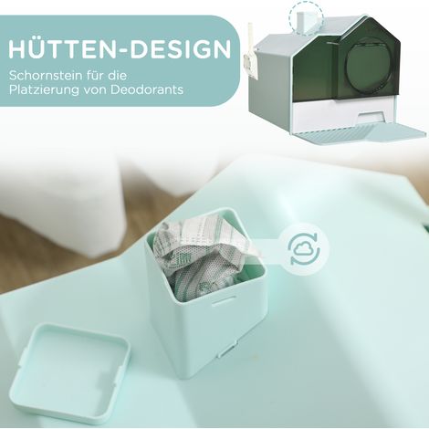 Bac à litière pour chat en forme de cabine, vert et blanc, avec tapis filtrant et pelle, base amovible (1/4)