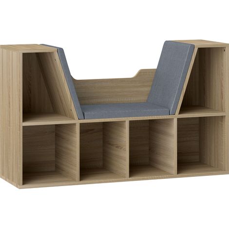 Étagère/banc 2 en 1, design moderne, 6 étagères, 3 coussins inclus, 102 x 30 x 61 cm (L x l x H), chêne gris (1/5)