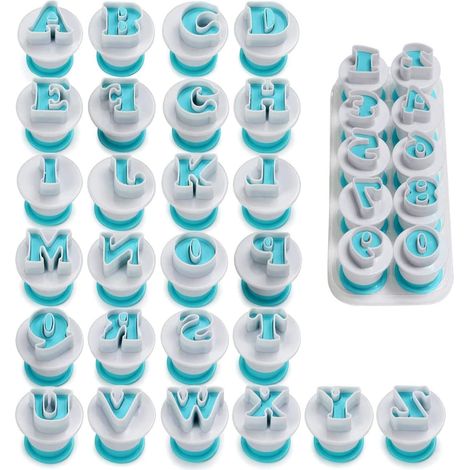 Moules à fondant en forme de lettres et de chiffres (36 pièces) : 26 moules en lettres majuscules et 10 moules en chiffres. Idéal pour biscuits, gâteaux, sucre et chocolat.
