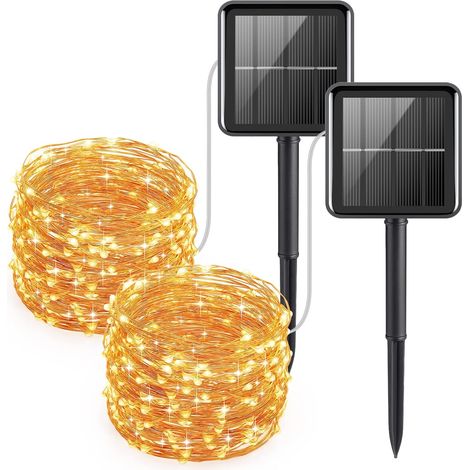 Guirnalda de luces solares, 120 LED, blanco cálido, 12 m, luces decorativas impermeables para interiores y exteriores, ideales para jardín, hogar, bodas, patios, Navidad y fiestas [Paquete de 2] (1/5)