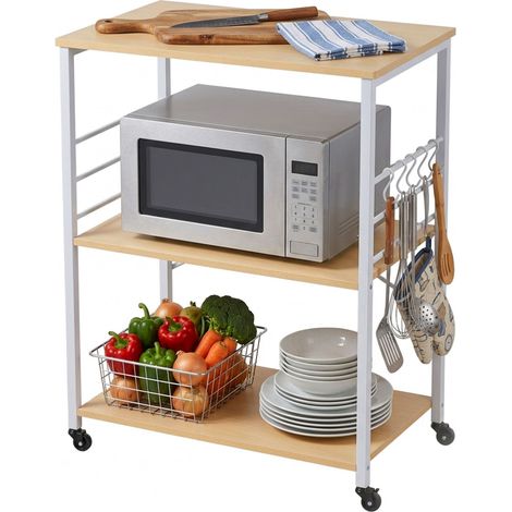 Carro de cocina Relaxdays, 3 estantes, 6 ganchos en S, 89 x 60 x 40 cm, MDF y acero, natural/blanco
