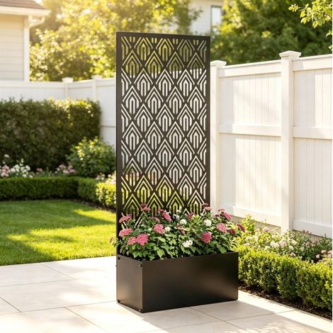 Jardinière surélevée en métal 45x21,5x110 cm noire avec treillis, pour jardin compact – MEUBLIV (1/5)