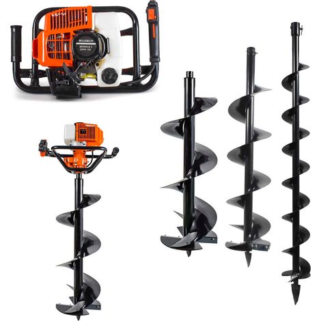Boudech – Tarière thermique 75cc – Moteur 2 temps – 3 forets 100/150/200mm – Creusage efficace pour terrains durs