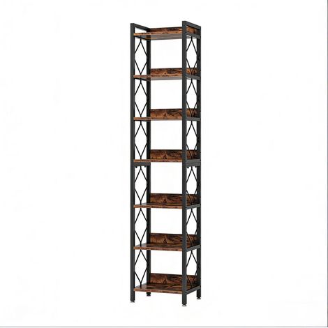 Étagère de présentation autoportante 7 niveaux en bois et métal, étroite et haute, couleur brun rustique (1/5)