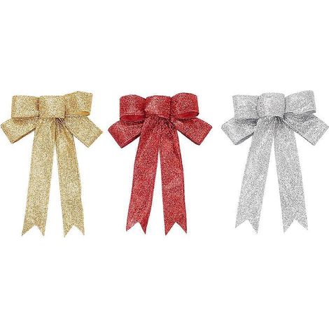 Lot de 3 nœuds papillon de Noël de 23 cm, jolis rubans, accessoires pour décoration de sapin de Noël (1 rouge, 1 argenté, 1 doré)