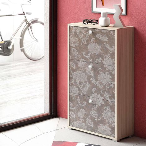 Étagère à chaussures Peonia, Meuble d'entrée avec 3 portes pliantes, Meuble à chaussures double profondeur, 67x28h112 cm, Orme et motif (1/5)