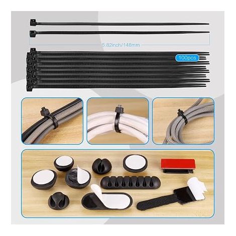 Cable Management Kit, Cable Management Kit with Slotted Sleeves with Cable Holders, Cable Ties, Wall Cables, Rolls and Quick Cables for Office (1/4)