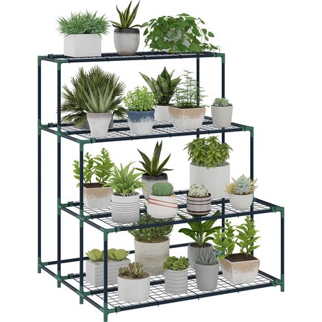 Support à plantes en acier vert foncé, 4 niveaux de rangement, structure stable pour intérieur et extérieur, dimensions 94×84×110 cm (1/5)