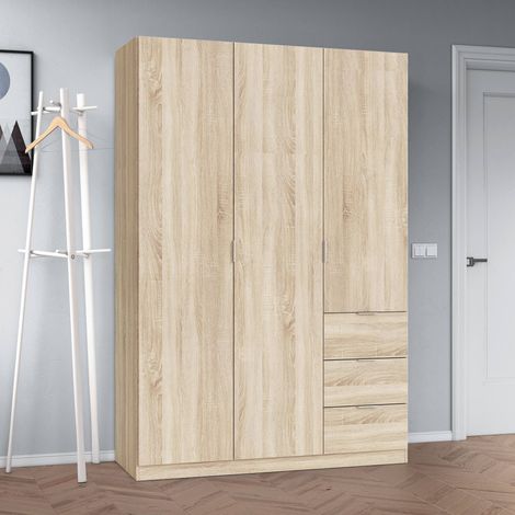 Armadio a tre ante battenti e tre cassetti, colore rovere Canadian, cm 135 x 200 x 52. (1/5)