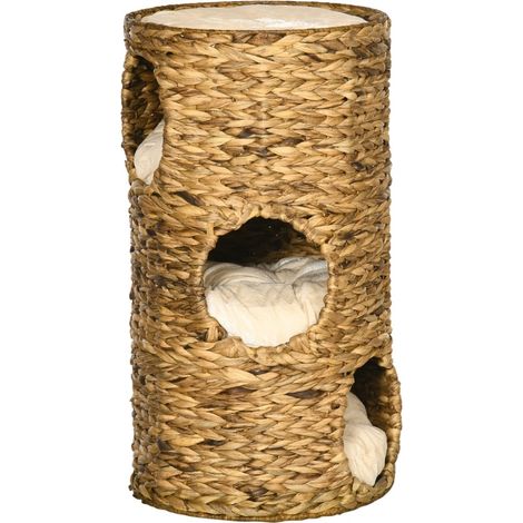 Arbre à chat en rotin 3 niveaux avec coussins, design bohème, 40 x 40 x 73 cm, beige clair et crème (1/5)