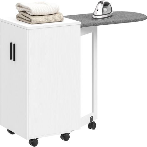 Meuble à repasser 2 en 1, table à repasser pliante sur roulettes avec étagère réglable et charnières, blanc