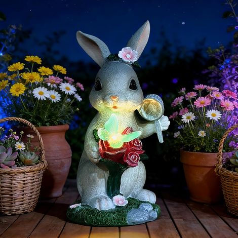 Statue Solaire de Lapin pour Jardin Extérieur, Deco Jardin Exterieur Animaux avec Lumière Solaire, Statue de Lapin Attrapant des Papillons, Décoration D'intérieur et Cadeau de Crémaillère