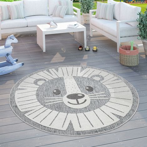 Paco Home Kinderteppich Kinderzimmer Outdoorteppich Rund Spielteppich 3D Effekt Löwe Grau Ø 160 cm Rund (1/5)