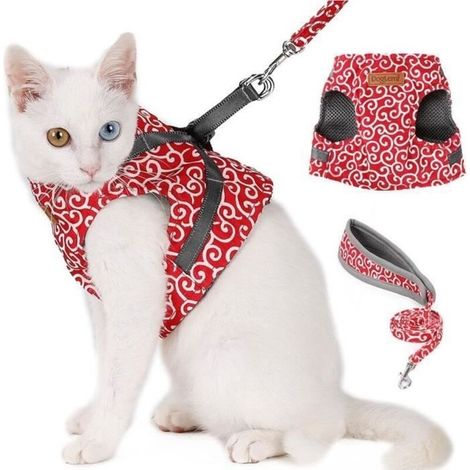 Gilet rembourré avec harnais pour chats avec laisse ajustable pour chat qui marche (Rouge S)—bigr (1/4)