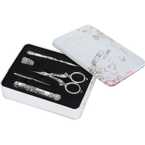 Retro Sewing Scissors Set Silver Threading Needle Thimble Household Cutting Tools Boxed (1/5)