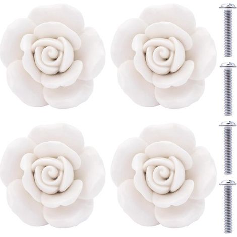 Tirador，4 piezas，Pomos para cajones con forma de flor，Tiradores para muebles，Tiradores para cajones de armarios，41 × 34 mm，Blanco (1/5)