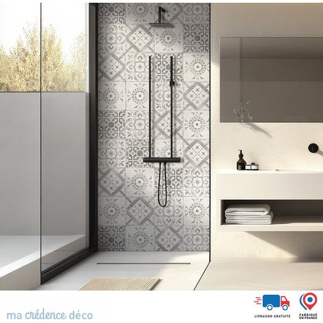 Panneau de douche : Carreaux de ciment classiques 4 - Couleur Gris clair - Alu composite - 90 - 245 (1/4)