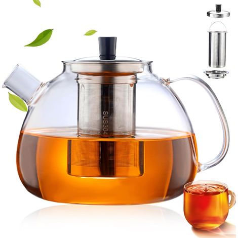 Théière En Verre, 1,5 L Théière En Verre Borosilicate, Theiere Avec Infuseur Amovible En Acier Inoxydable, Théières En Verre Résistant À La Chaleur Pour Brûleur Électrique, Cuisinière À Gaz,Feu Ouvert (1/5)