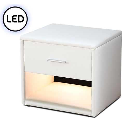 MEUBLER DESIGN Chevet Simili Cuir Avec Éclairage Led Leva - Blanc, Polyuréthane, MDF, Rectangulaire, Style Contemporain, 48.5 x 38.5 x 42 cm (1/4)